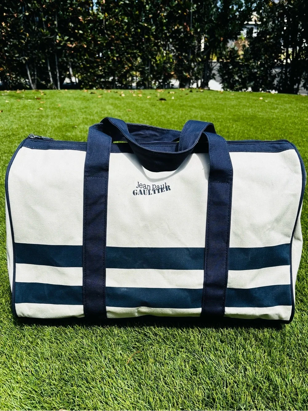 Jean Paul Gaultier White and Navy Striped Canvas Duffel